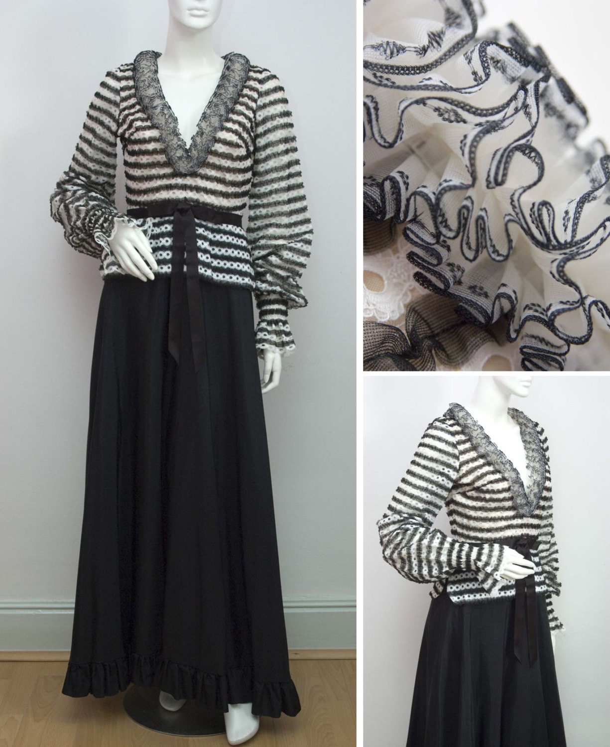 Jean Varon Dress Long Maxi Designer Tafetta Ruffle Peplum Evening Gown Monochrome 1970s Size XS UK 8 US 4