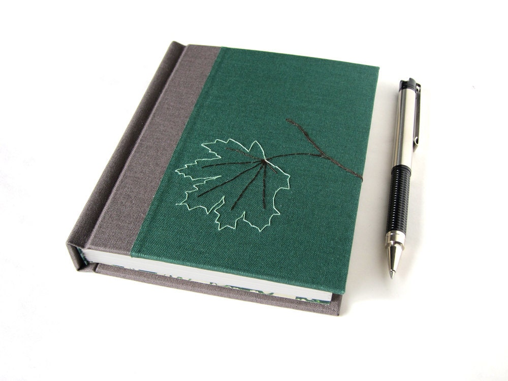 Handmade Journal - One of a Kind Green Journal with Maple Leaf Embroidery - Gifts for Writers