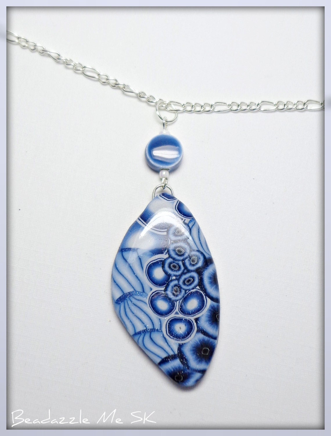 Denim Blue Teardrop Pendant Necklace, polymer clay jewelry