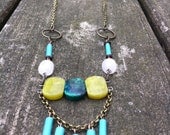 Tribal Statement Necklace Rose Quartz, Jade, Antique Turquoise Ceramic Beads