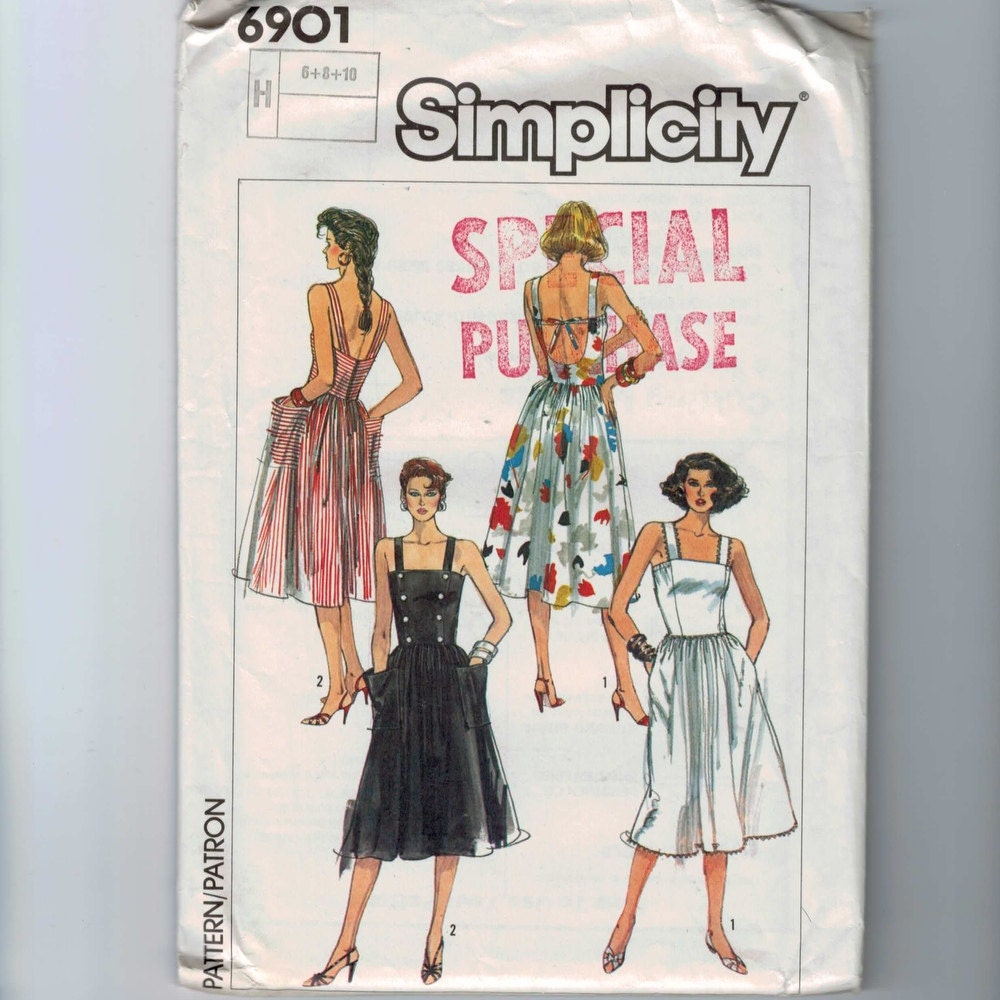 1980s Misses Sewing Pattern Simplicity 6901 Misses Low Back Sundress Easy Dress Size 6 8 10 Bust 30 1/2 31 1/2 32 1/2 80s 1985