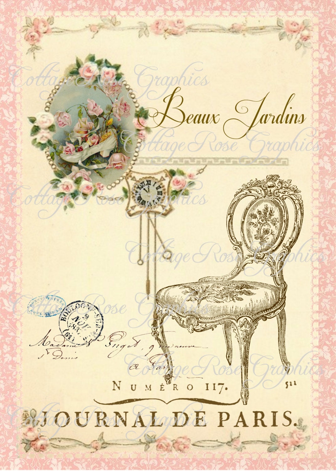 Large digital download Beaux Jardins Paris French pink roses chair single image BUY 3 get one FREE