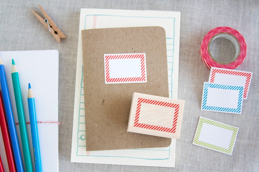 Striped Label Rubber Stamp - Perfect for Labels Stickers Price Tags Name Tags & Packaging - Vintage Air Mail Style Labels