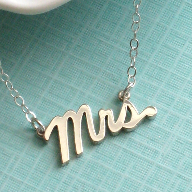 Mrs. Script Necklace, Sterling Silver, Cursive Mrs, Word Jewelry, New Bride, Bridal Shower Gift, Honeymoon, Just Married