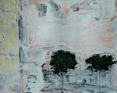 Abstract Painting Our Spot Under the Trees Original Acrylic Art, Watercolor Paper, Cityscape, Black, White, Gray, Pink, Muted Colors