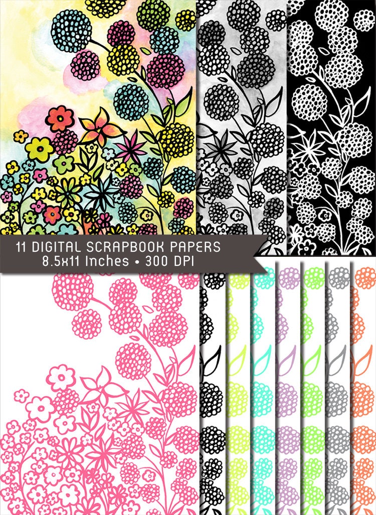 Digital Scrapbook Paper - Hand drawn Watercolor Flowers - DIY Print-Your-Own Flower Paper Pack - Item 122