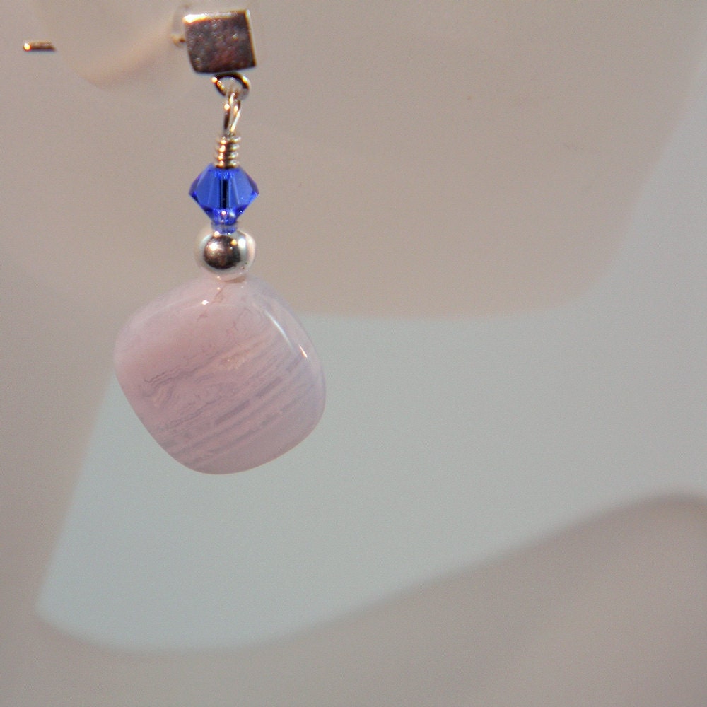 Square blue lace agate and Crystal Post Dangle Earrings - Gemstone - Sterling Silver - Short -  Anniversary - Birthstone - Spring Fashion