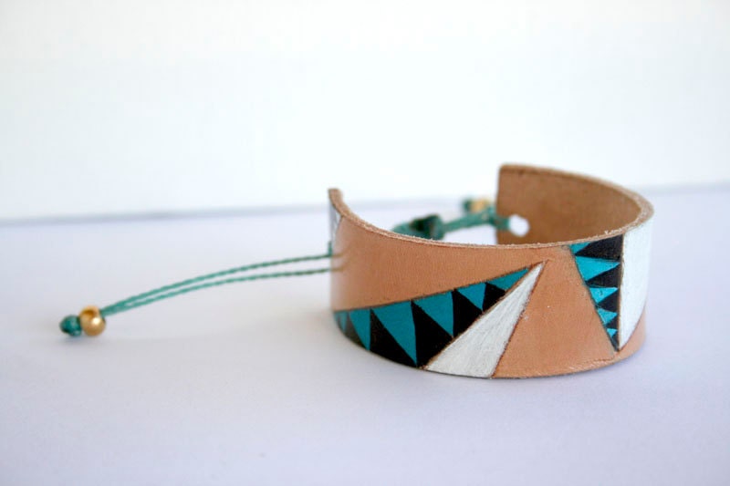 Hand Painted Leather Cuff - Bracelet - adjustable