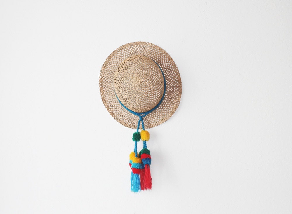 1960's Joseph Magnin  Floppy Straw Hat with Pom Pom Tassels