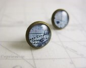 Blue Vintage Map stud earrings - small bronze stud - resin jewelry - post earrings - NEW SIZE