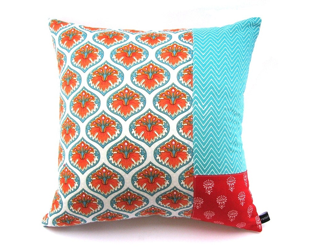 Cushion / Pillow Cover - 40cm x 40cm - Hand Printed Indian Cotton - Colourful Patchwork