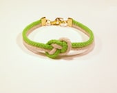 Matte neon green and natural beige infinity knot nautical rope bracelet with gold anchor charm