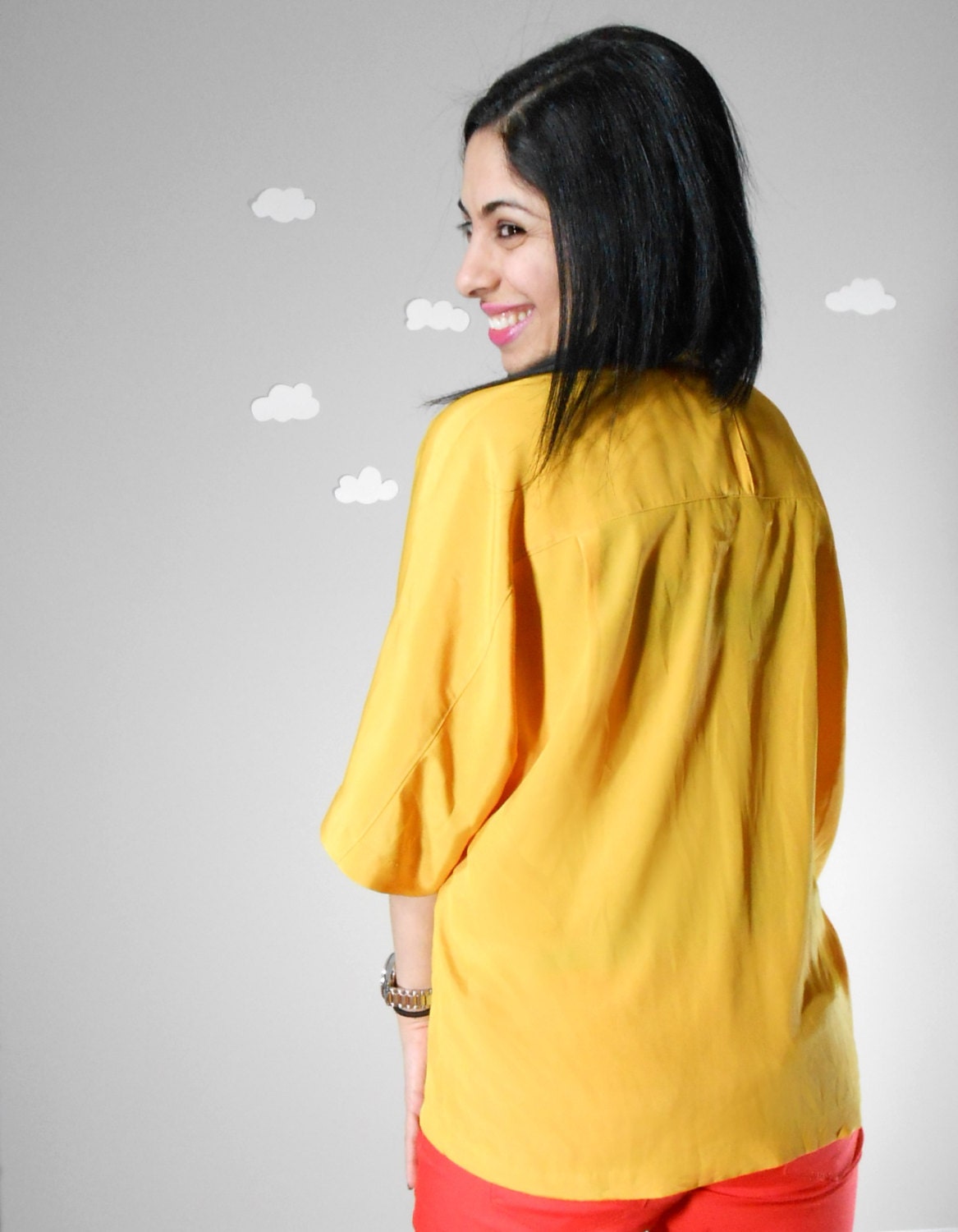 Yellow vintage blouse airy lightweight summer long tunic medium OFFICE PARTY