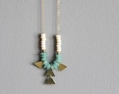 NEW - bohemian fish tail necklace in BRASS and MINT (triangles and lampwork)