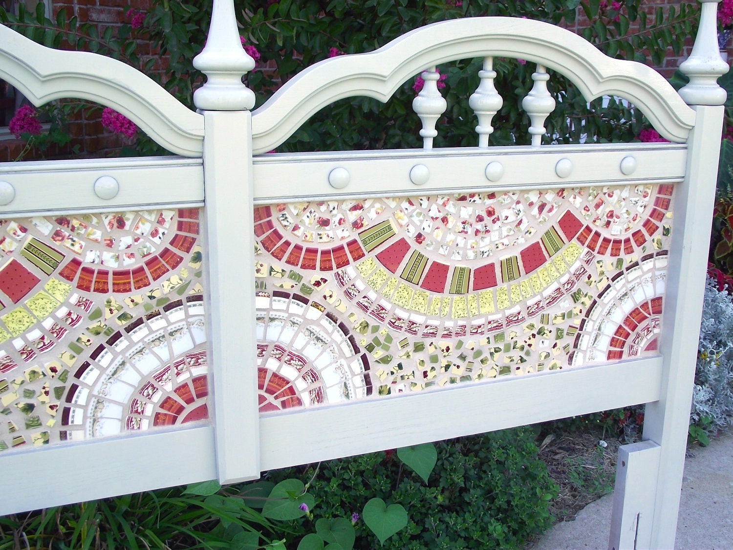 Headboard - Broken China Mosaic - Full Size Vintage - Cranberry Sage and Butter Yellow