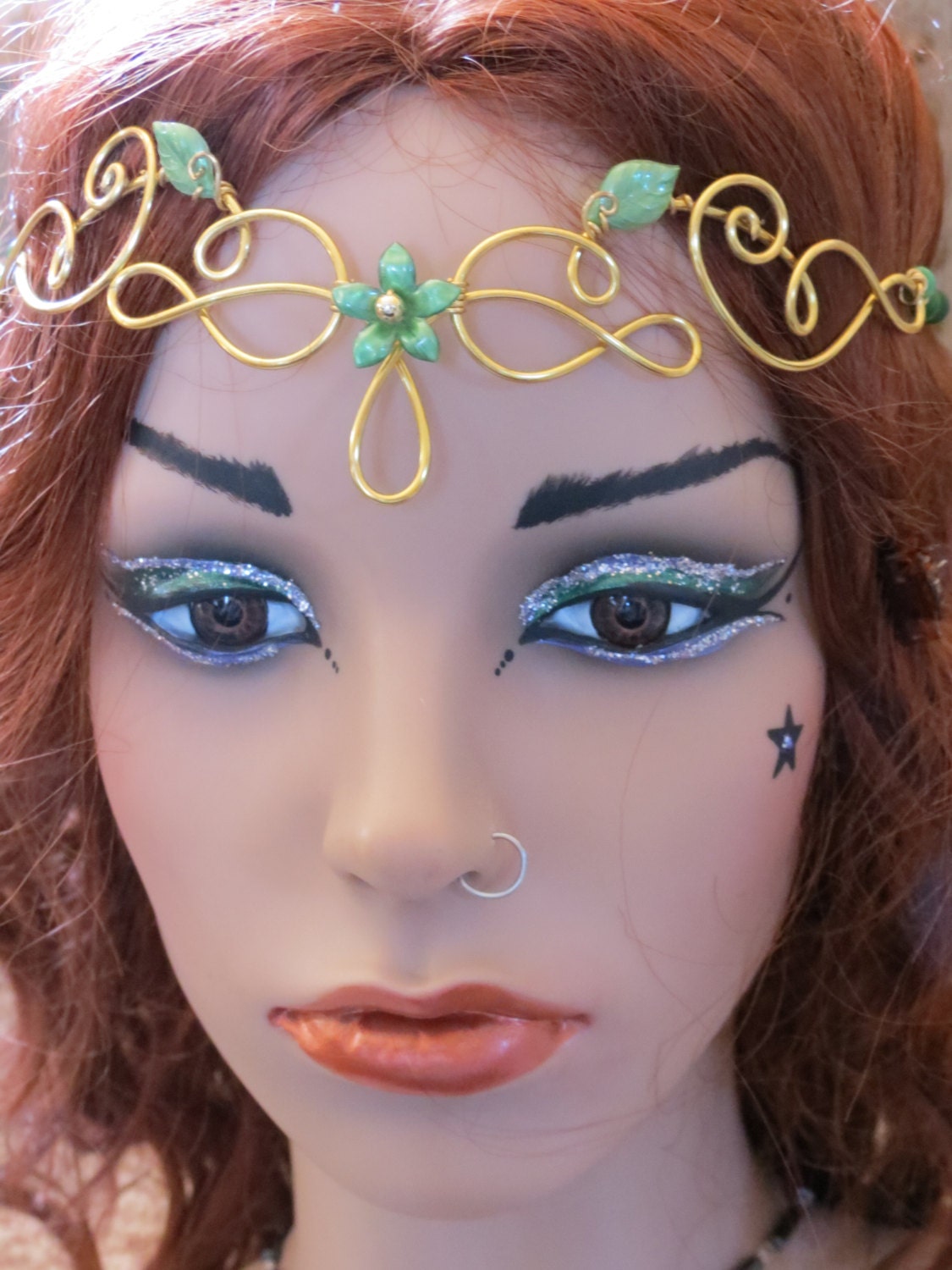 Renaissance Full Beaded Leaf Circlet Tiara Gold Green Catseye Medieval