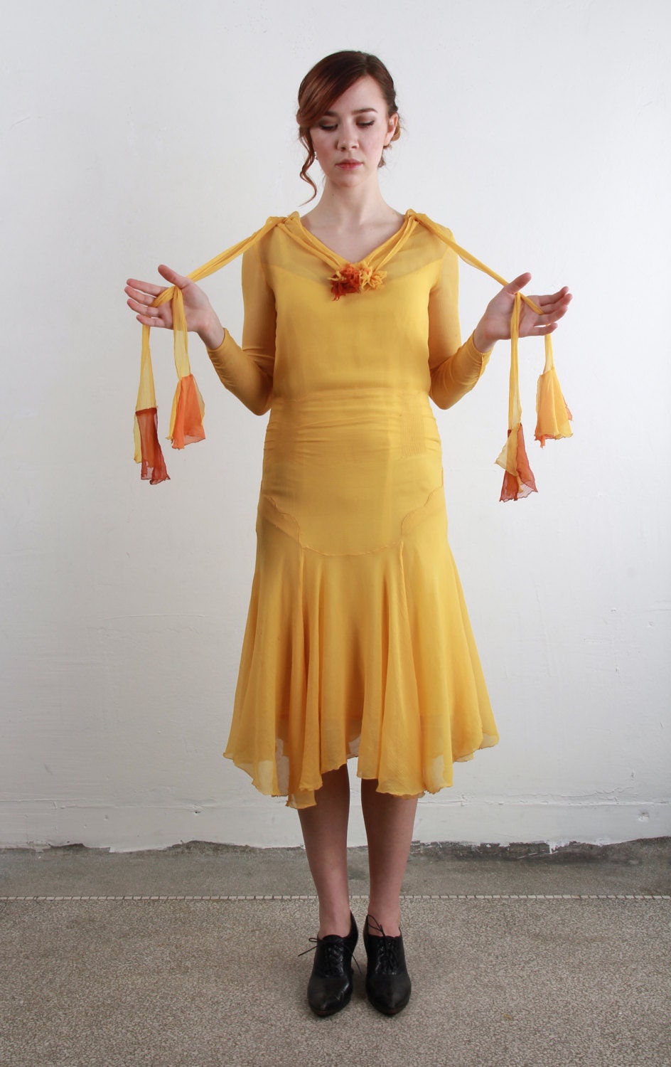 Antique 20s Silk Dress . Flapper Ball Gown . 1920s Yellow Orange