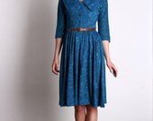 1950s Dress . Jersey Wool Gown . Mid Century Blue Frock