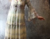 Vintage 1970s Bohemian Hippie Fairy Dress Lace Trim Tiered Skirt Tie Dye Violet Blue Ombre