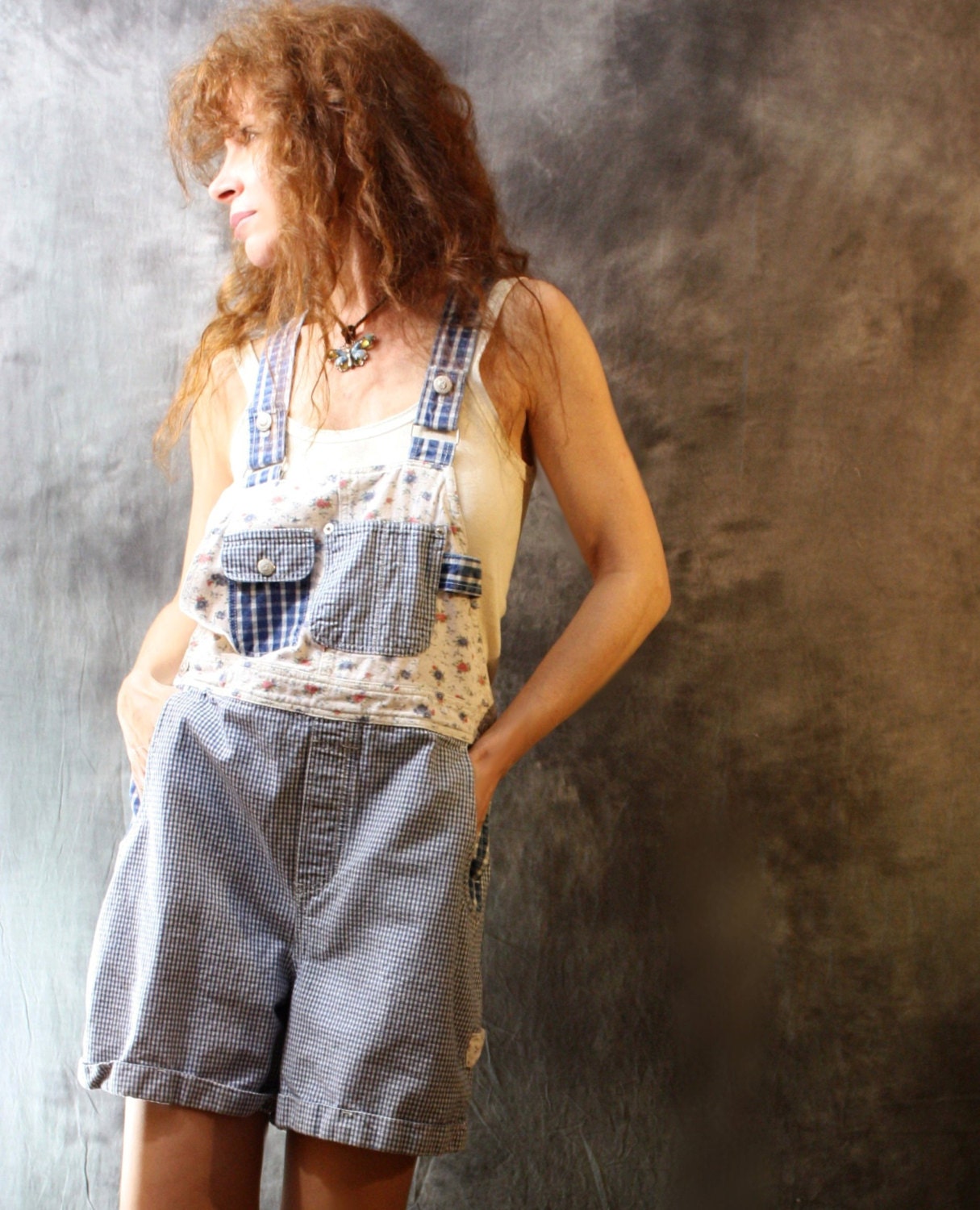 Vintage 1980s Country Hippie Girl Cotton Dress Jumper Shortalls Romper Shorts with Pockets