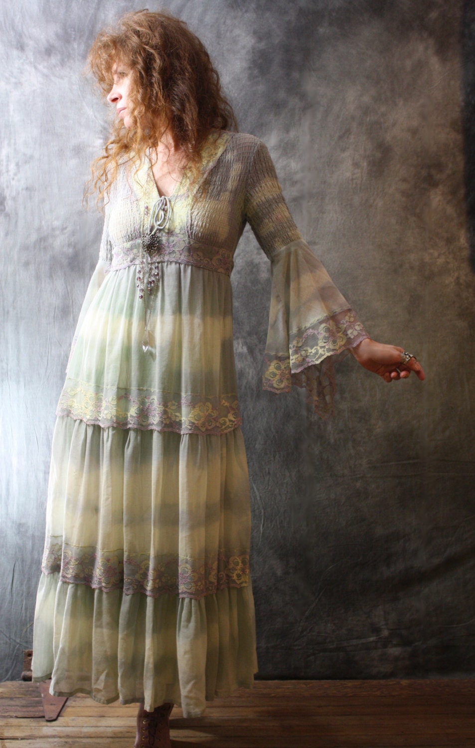 Vintage 1970s Bohemian Hippie Fairy Dress Lace Trim Tiered Skirt Tie Dye Violet Blue Ombre