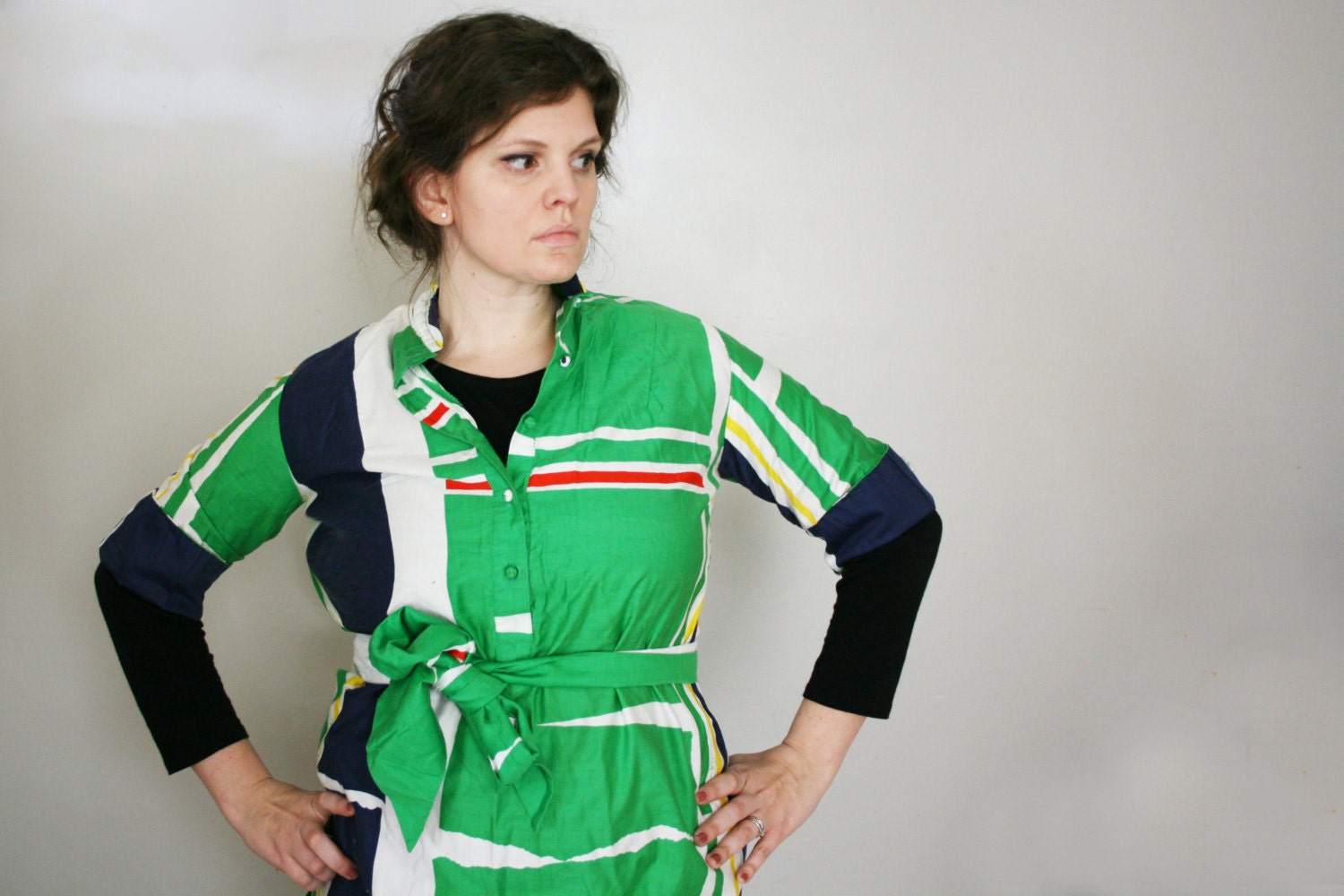 vintage 70s Kelly Green Op Art Katherine Ogust for Penthouse Gallery Belted Tunic Mini Dress House Coat Studio Smock Top