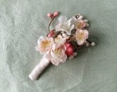 mens wedding boutonniere, pink flower buttonhole, ivory flower - TWIG BOUT - groomsmen boutonnieres, coral pink
