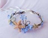 seashell hair accessory, starfish bridal headband, beach wedding, head piece, hair circlet - SEA NYMPH - periwinkle blue flower, mermaid