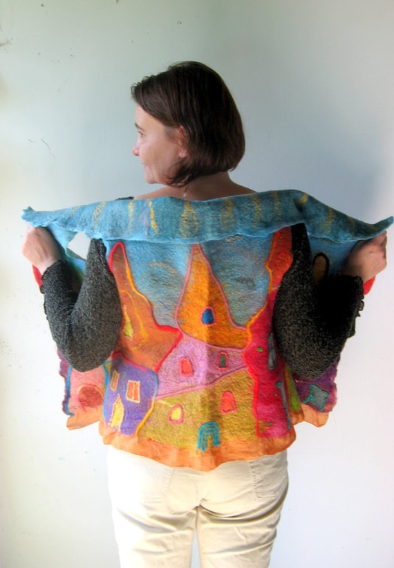 Little Houses Felted  Art  Picture Vest  (mixed merino wool and mulberry silk)