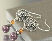 Burgundy Swarovski pearl earrings with Bali sterling silver flowers