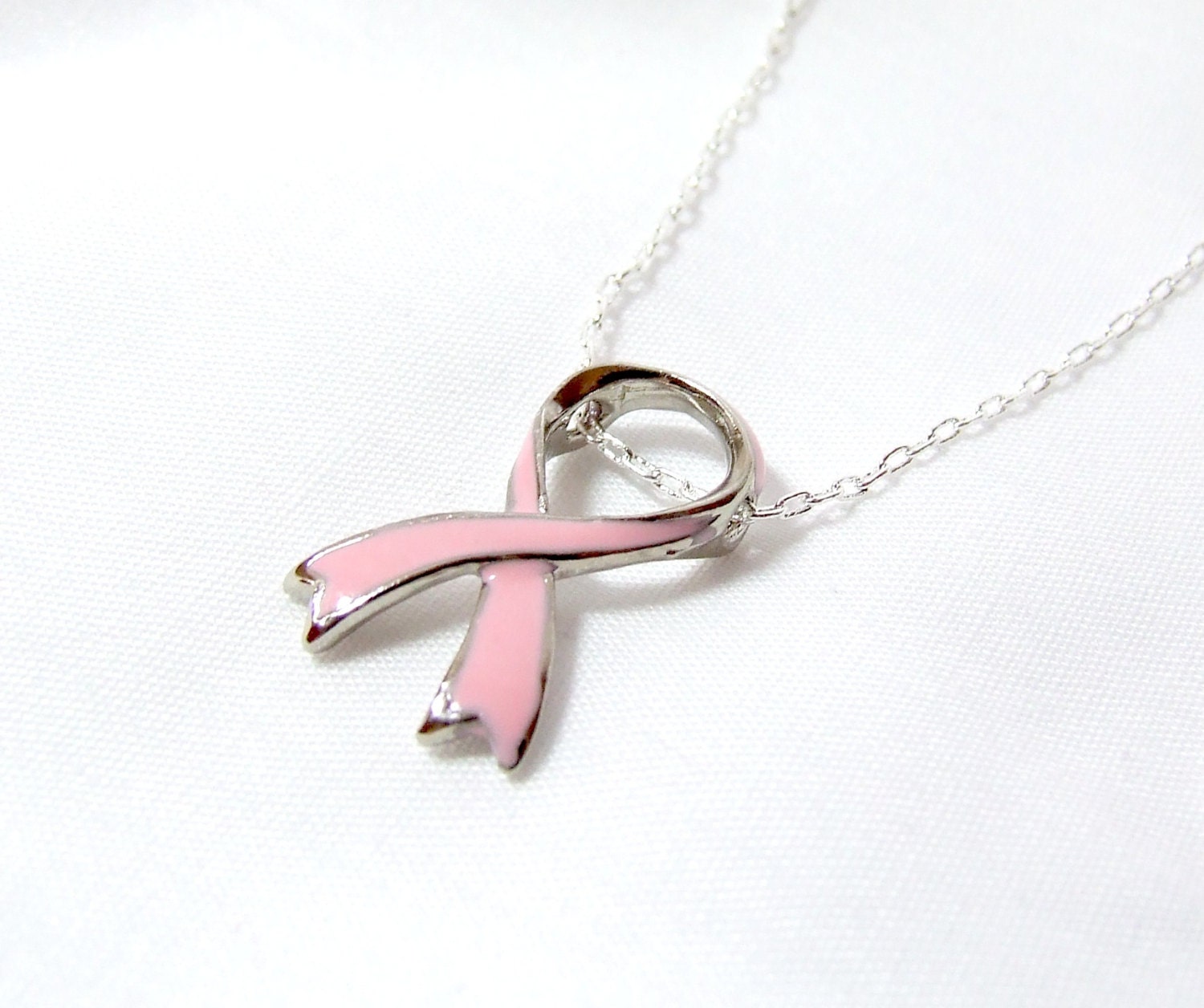 Pink Ribbon Breast Cancer charm necklace in silver