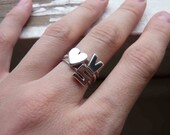 2 Initials rings and 1 Heart Ring with twist band , Sterling silver, Custom Ring , Stacking ring