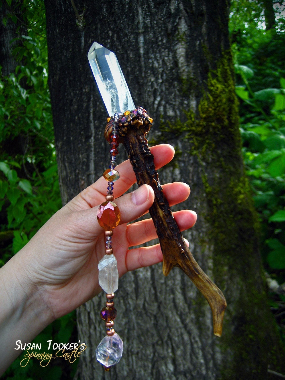 Magic Crystal Wand Roe Deer Antler Talisman Phantom Tibetan Quartz Amethyst Pagan Altar Wiccan Celtic GENTLE FAUN by Spinning Castle