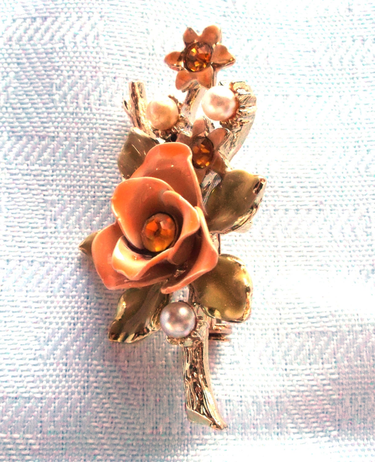 50's 60's Vintage Coro Rose Brooch with Faux Pearls and Rhinestone