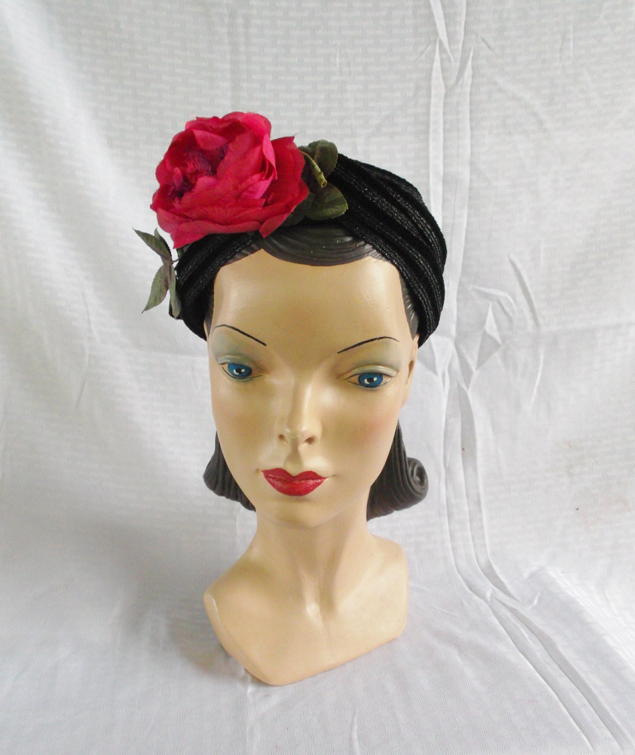 1950's Vintage Black Turban Hat with Pink Rose by Lecie