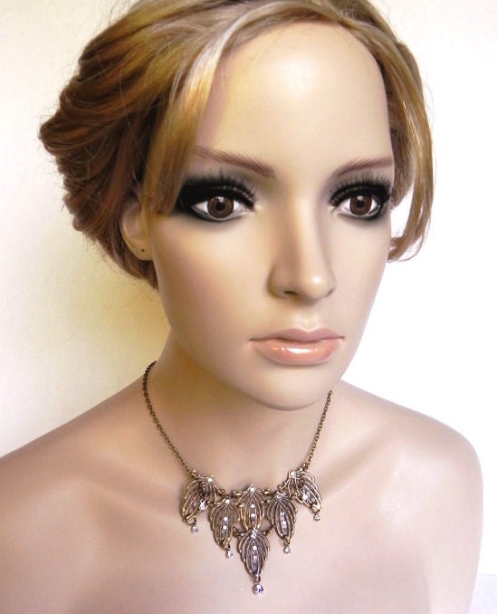 Steampunk Victorian necklace antique brass with crystals- Candle Light Pavillion Ball deux