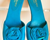Vintage Yves Saint Laurent Leather Heels Platforms Wood Shoes Teal