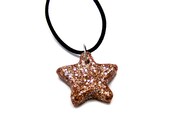 Gold Copper & Silver Metallic Star Resin Glitter Pendant on Black Stretch Cord Necklace