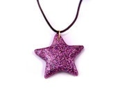 Pink & Purple Fuchsia Star Resin Glitter Pendant on Black Stretch Cord Necklace