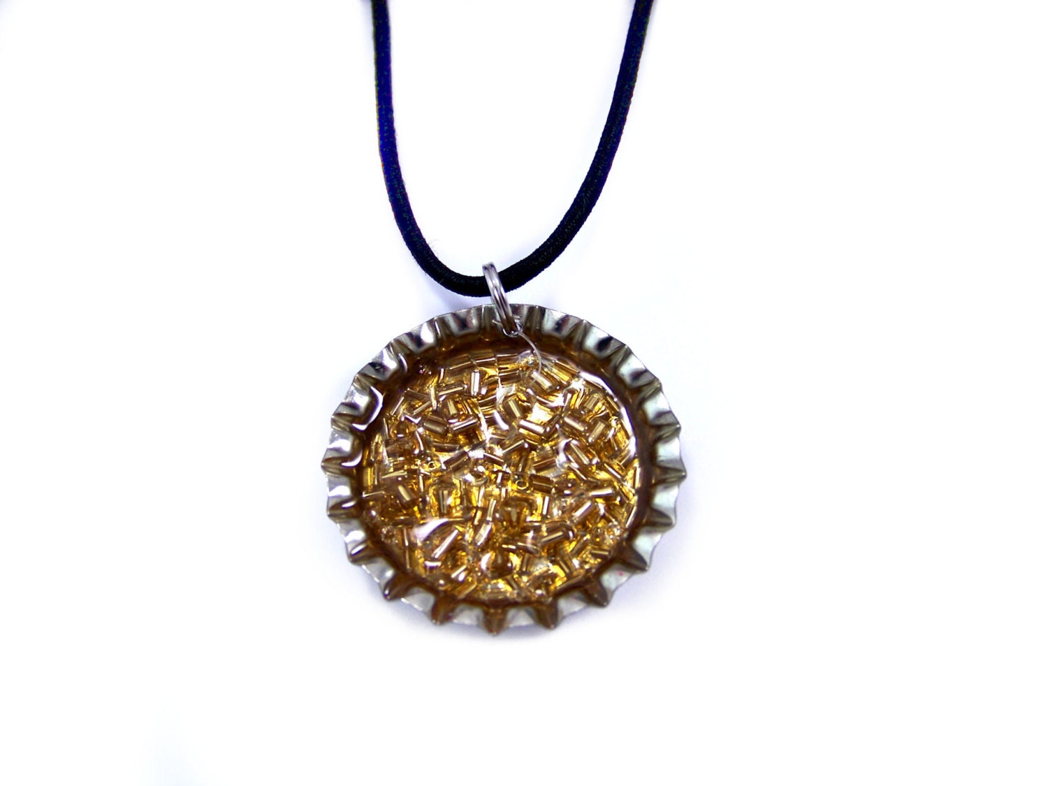 Yellow Apple Gold Beaded Bottle Cap Necklace, Clearance Sale, Mini Apple Pie