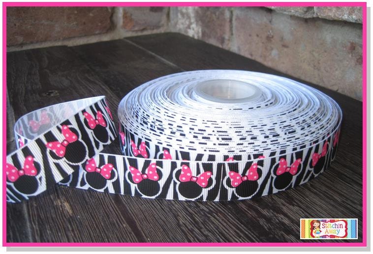7/8" ZEBRA MINNIE MOUSE Heads with Hot Pink Bows Disney Inspired Grosgrain Ribbon Black and White