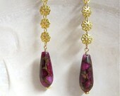 Gold drop earrings. Filigree flowers. Fuchsia stones. Mosaic quartz. Pink. Magenta. Floral jewelry. ROSEBUD