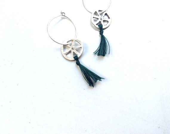 Boho hoop with green tassel Summer jewelry Sterling silver hoop earrings