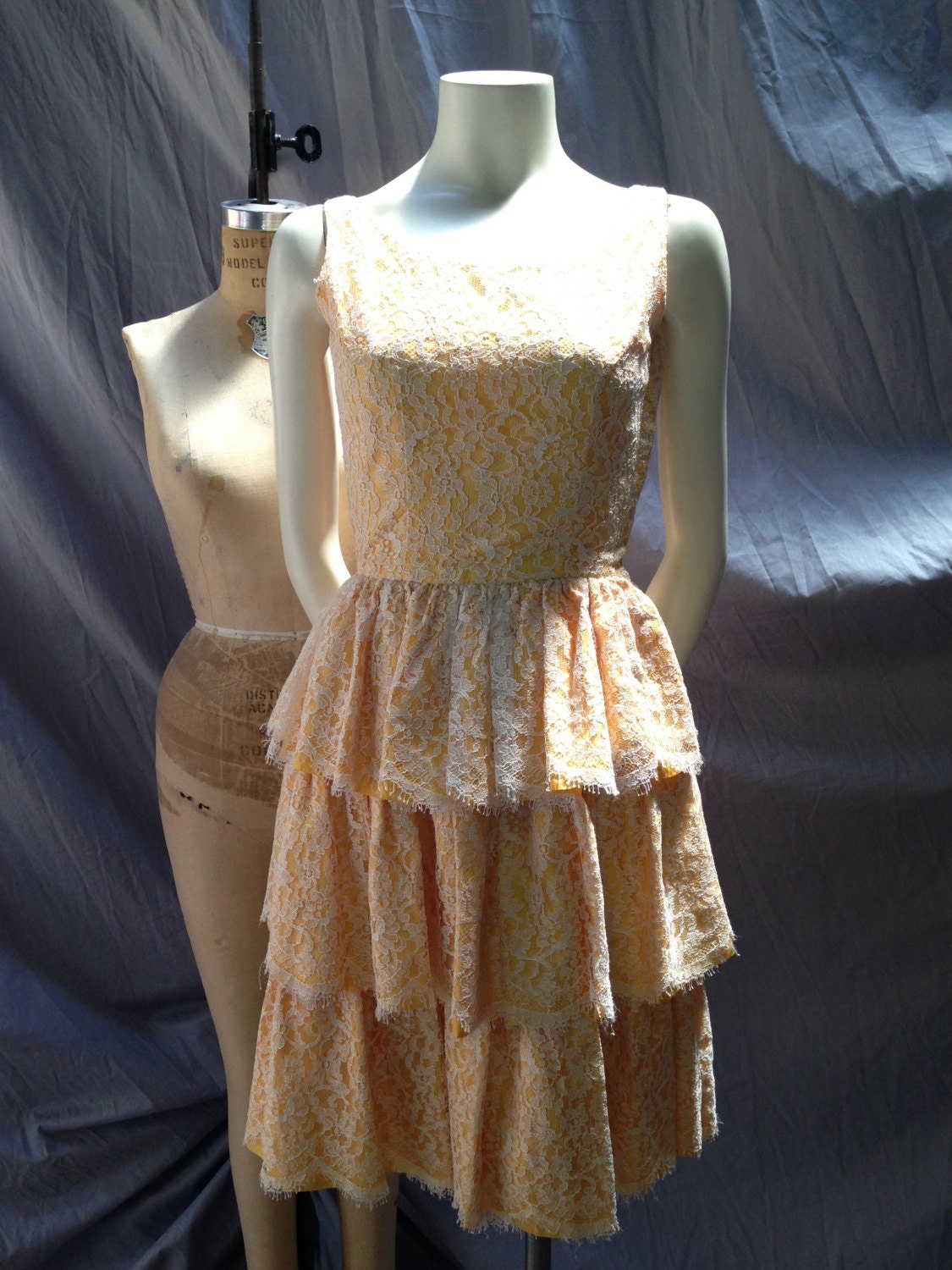 50's, 60's lace and gold taffeta, tiered dress.