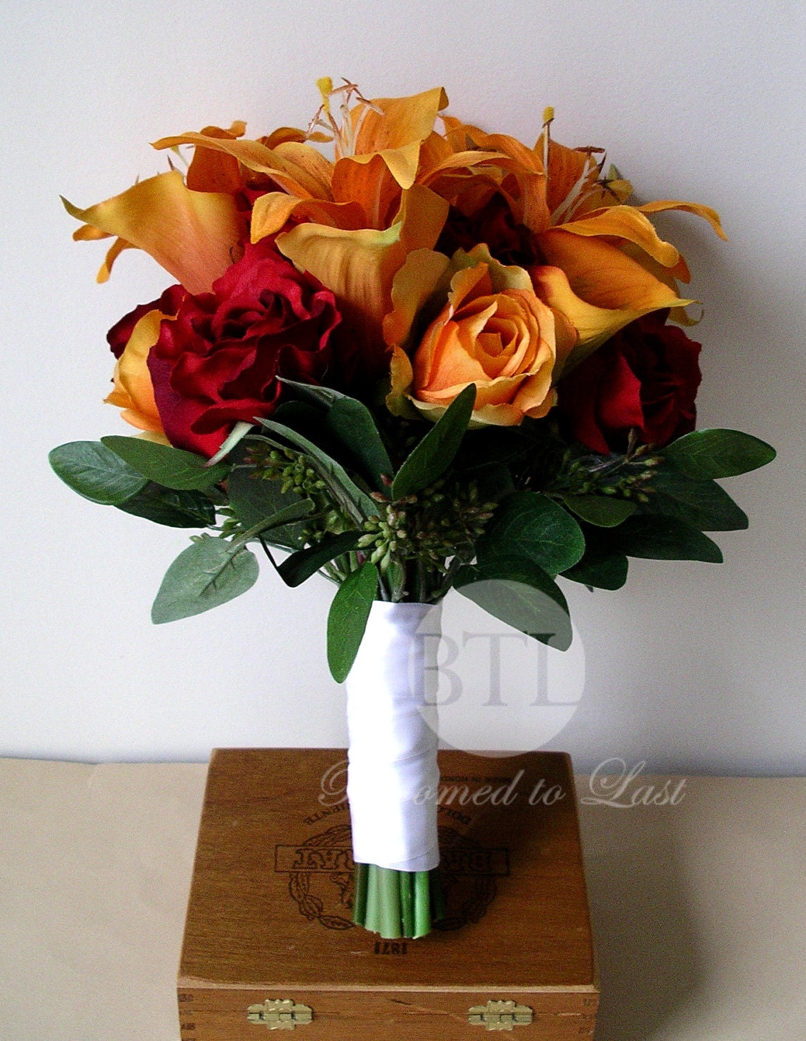 Summer, Fall, Orange, Red Premium Silk Flower Lily, Rose, Calla Lilies Bouquet