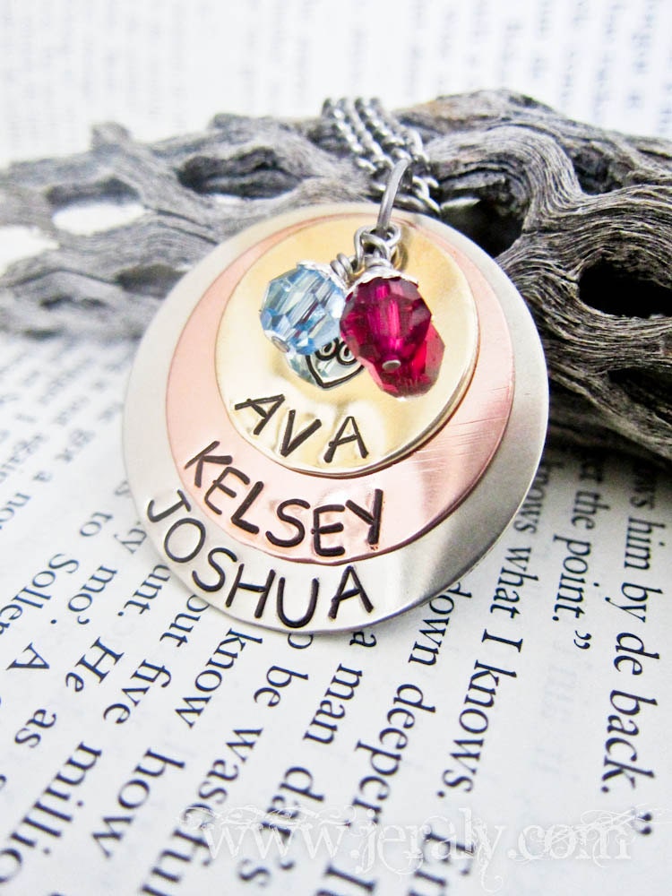 Hand Stamped Jewelry - Name Necklace with Heart - Two Custom Birthstone Charms - Three Discs