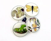 Handmade Buttons Woodland Animal Buttons.  5 Handmade Buttons for Sewing. Owl, Dragonfly, squirrel, frog and bird or robin.