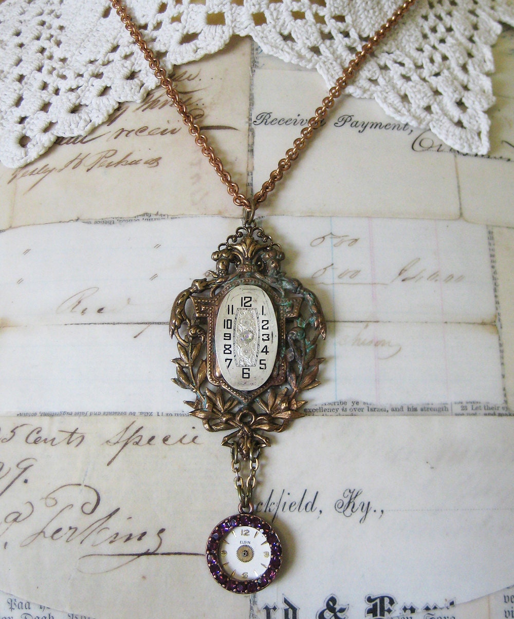 Necklace GORGEOUS antique brass finding verdi gris steampunk art deco clock parts purple rhinestones