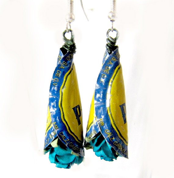 long eco friendly dangles, bottlecap jewelry, yellow earrings, bottlecap jewelry, paper flower earrings