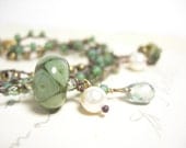 Sage green bracelet lampwork green mystic quartz heart charm hand knotted summer fashion
